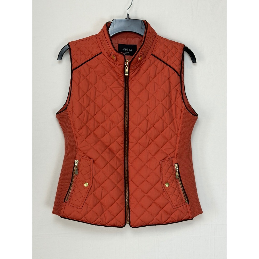 Active USA Women Vest M Orange Quilted Diamond Zip Mock Neck J1409